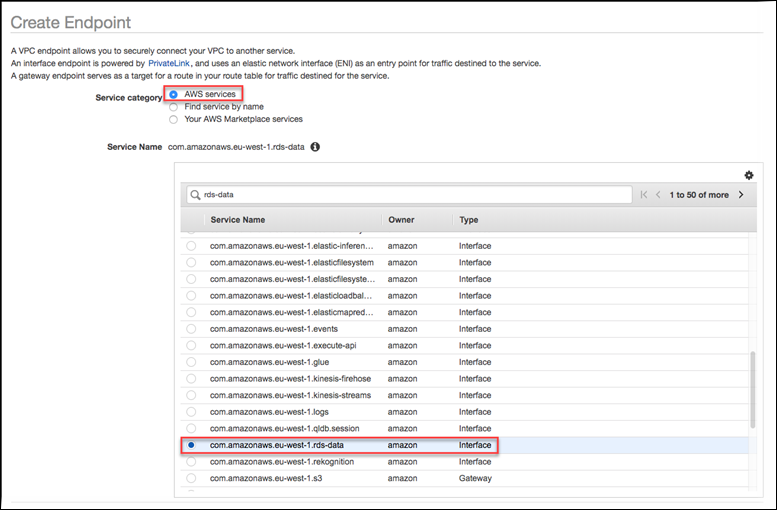 Création d'un point de terminaison Amazon VPC pour l'API Data