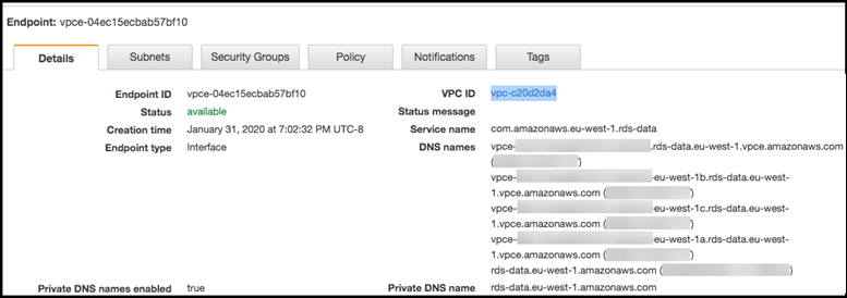 Lien vers les détails du point de terminaison Amazon VPC