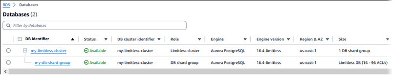 Cluster de base de données principal et groupe de partitions de base de données Aurora PostgreSQL Limitless.