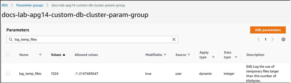 Image du groupe de paramètres personnalisés avec log_temp_files réglé sur 1024 ko.