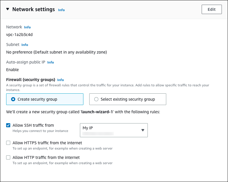 Paramètres réseau d'une EC2 instance.