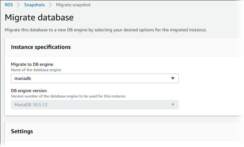 La page Migrer la base de données pour migrer de My SQL vers MariaDB dans la console Amazon. RDS