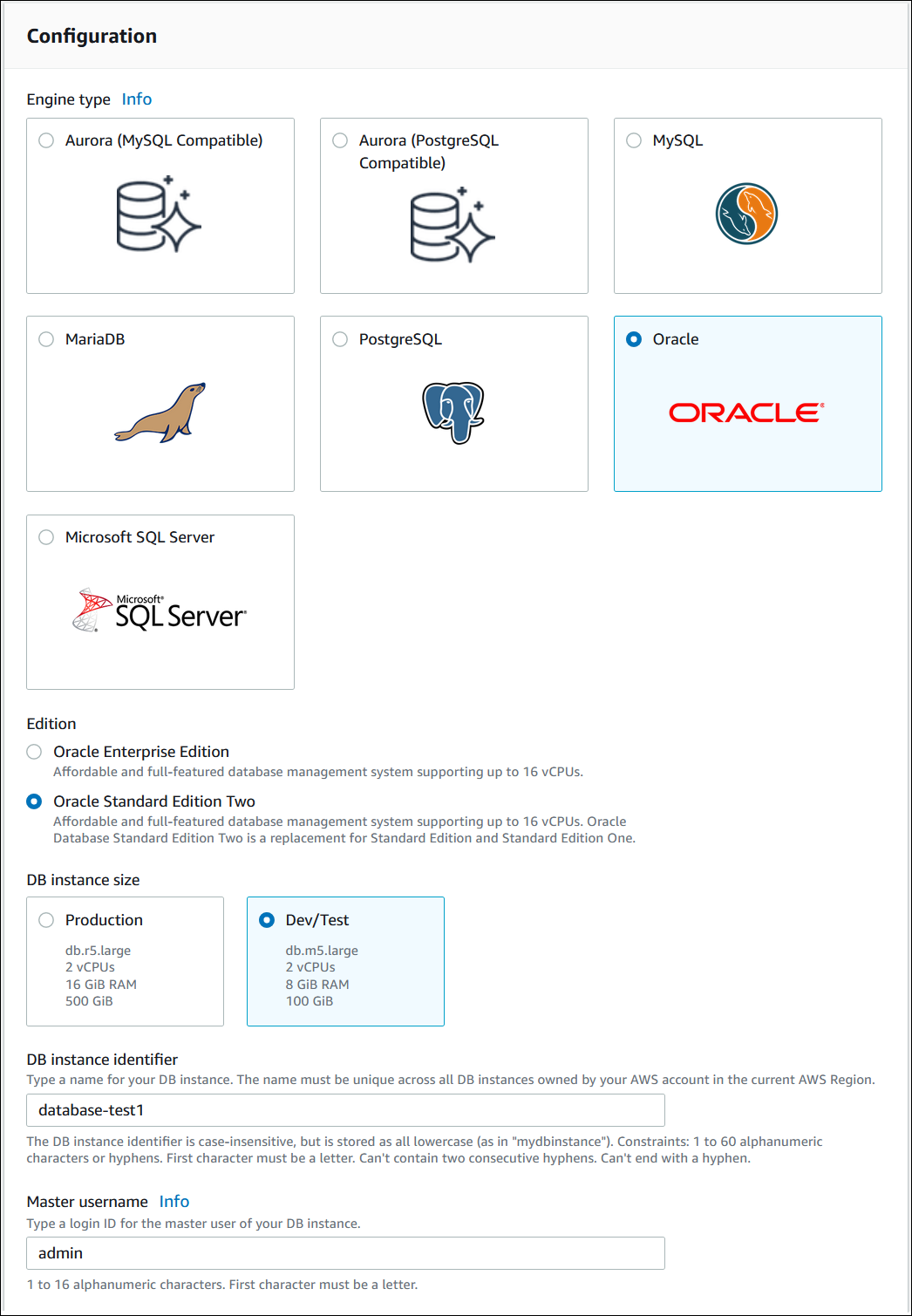 Page de création de base de données