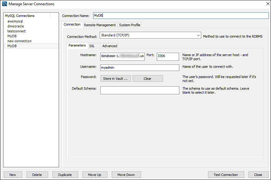La fenêtre Gérer les connexions au serveur dans My SQL Workbench.