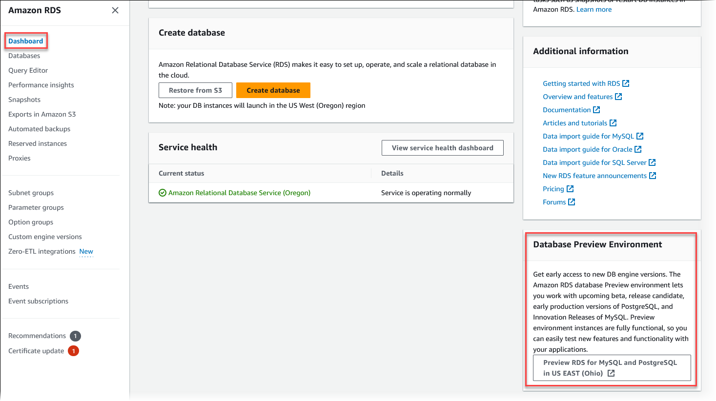 La section Environnement de prévisualisation de la base de données avec lien dans la console Amazon RDS.