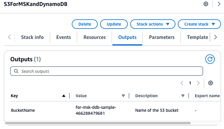 AWS CloudFormation stack outputs showing S3 bucket name for MSK and DynamoDB sample.