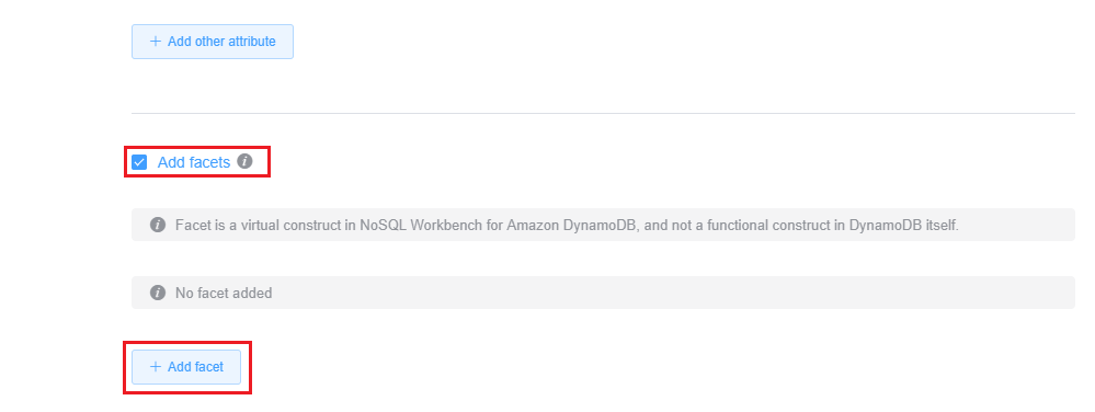 Capture d’écran de la console montrant le bouton d’ajouter de facettes et le bouton d’ajout d’une facette.