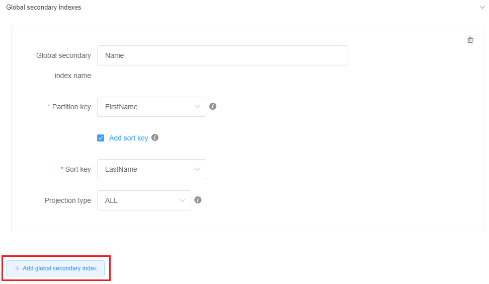 Capture d’écran de la console illustrant le bouton Add global secondary index (Ajouter un index secondaire global).