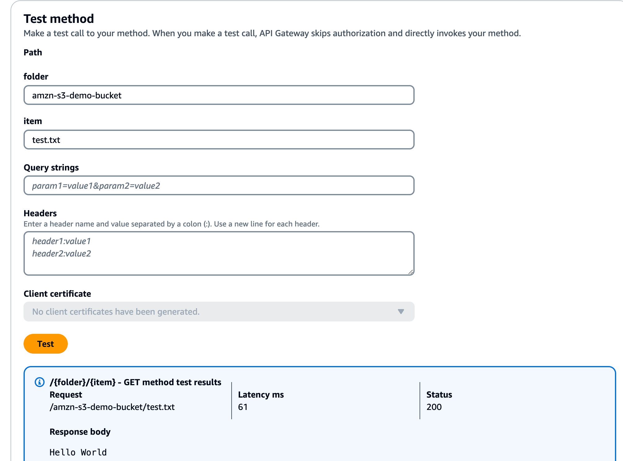 Testez la méthode GET pour créer un compartiment Amazon S3.
