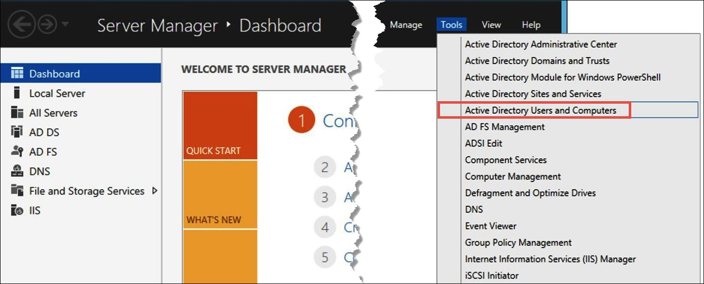 Choisissez Tools (Outils), Active Directory Users and Computers (Utilisateurs et ordinateurs Active Directory).