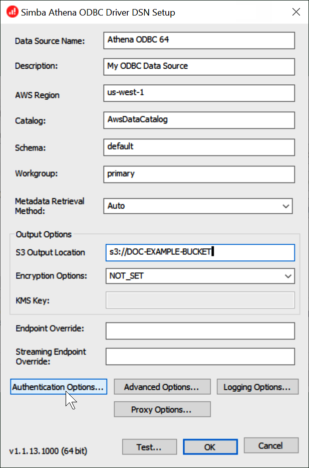 Saisissez les valeurs de configuration DSN.