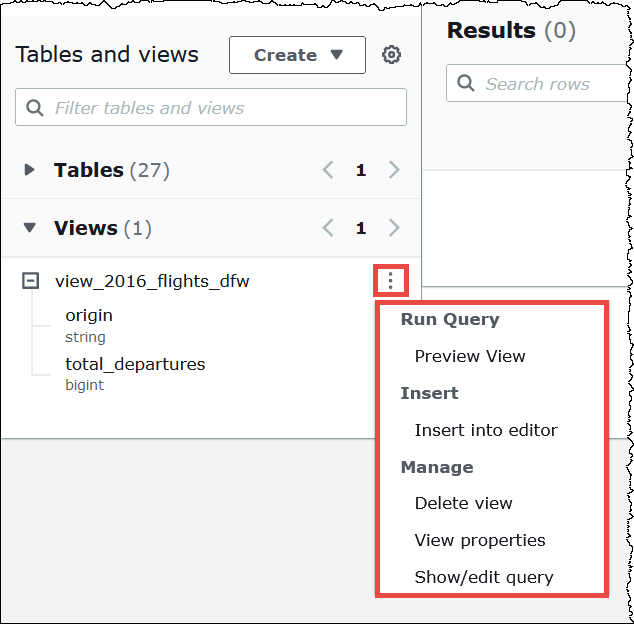 Le menu d'actions d'une vue.