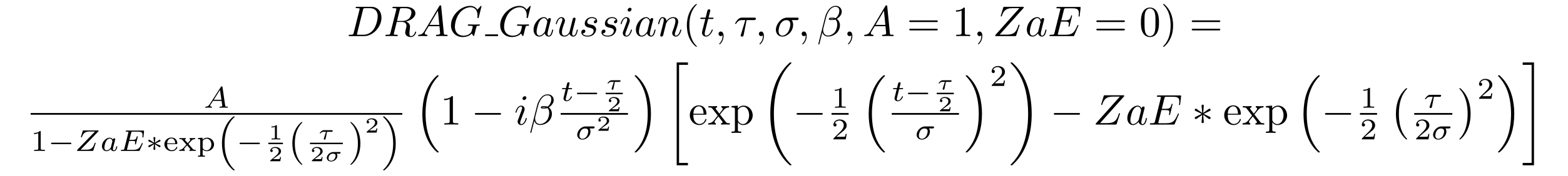 Équation mathématique pour la distribution gaussienne DRAG avec les paramètres t, tau, sigma, beta, A=1 et zAE=0.