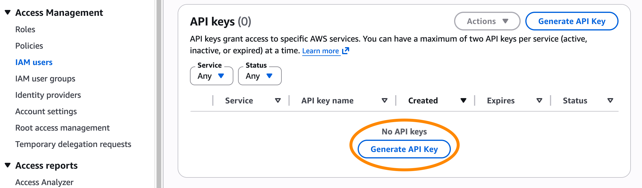 Génération d'informations d'identification Git dans la console IAM