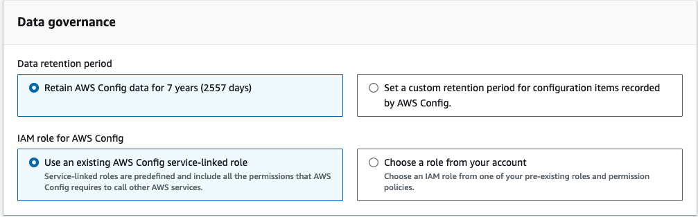 L'image est une capture d'écran de la page Modifier les paramètres de la AWS Config console. Il inclut des informations relatives à la gouvernance des données : la période de conservation des données et le rôle IAM pour AWS Config.