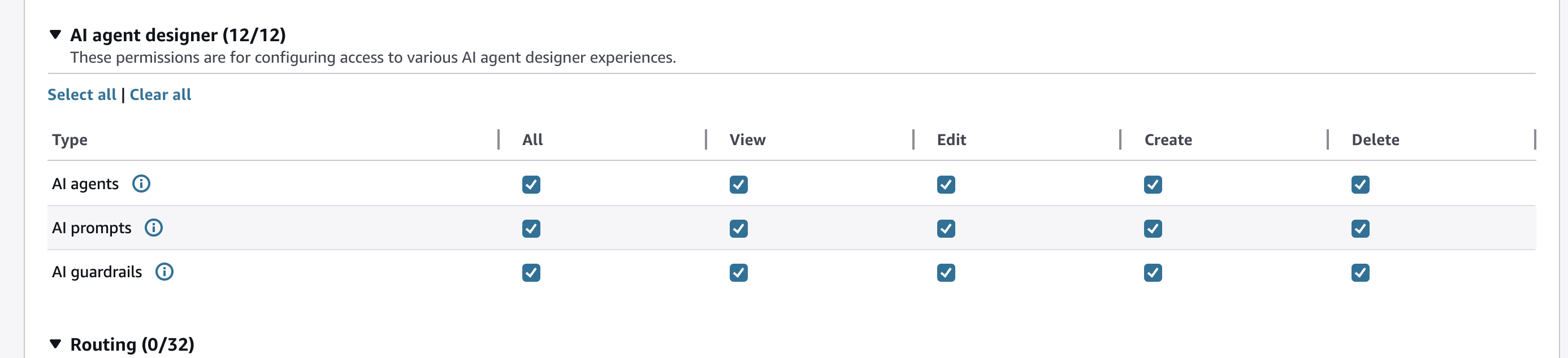 Page de profil de sécurité indiquant les autorisations du concepteur d'agents IA, y compris les agents IA et les invites d'IA.