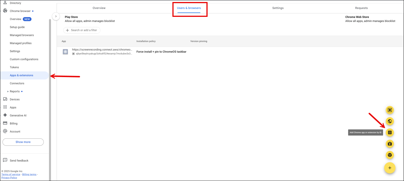 L'option Ajouter une application ou une extension Chrome par identifiant dans le menu de navigation de gauche.