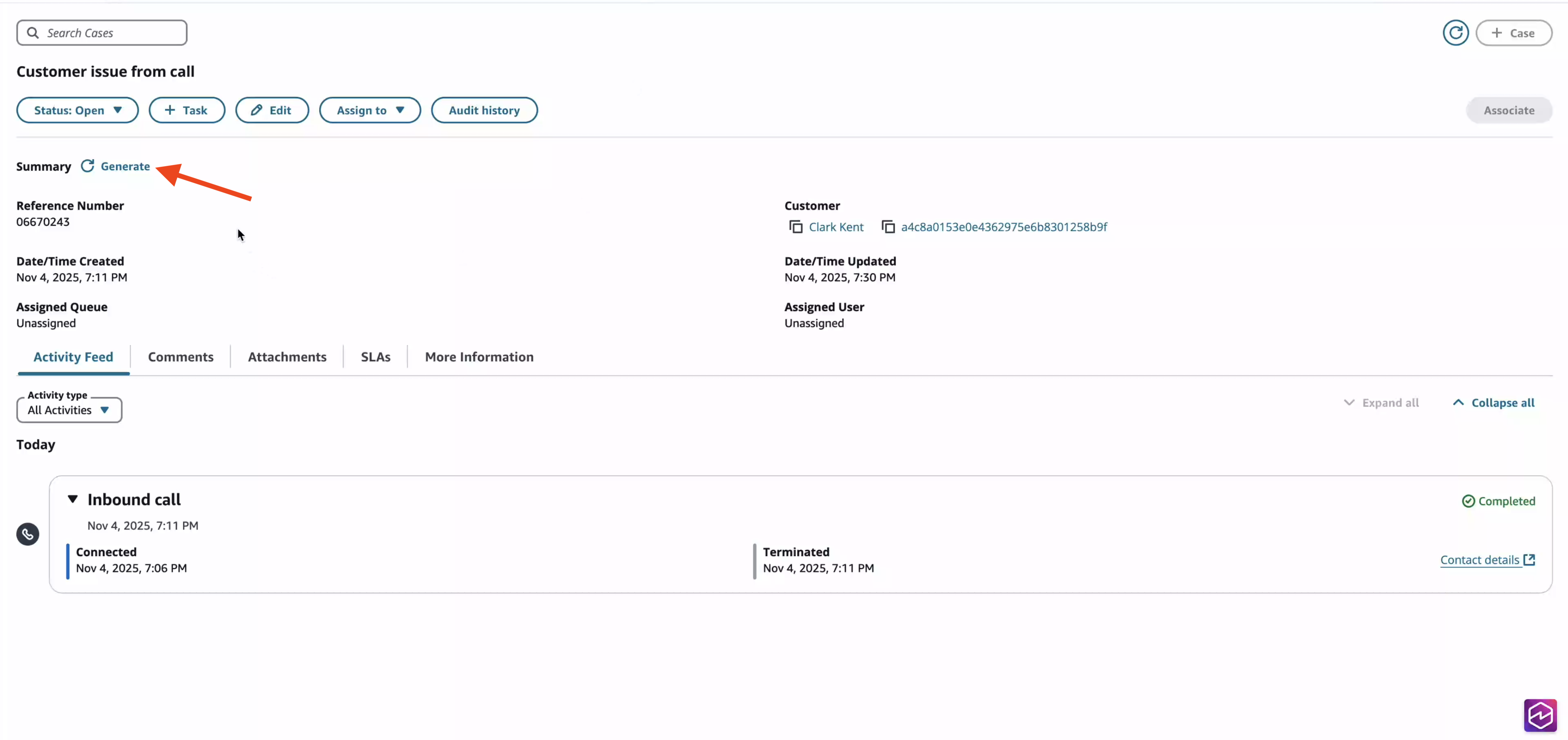 Capture d'écran montrant le bouton Générer pour le résumé du cas.