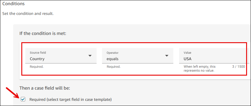 La page Créer une nouvelle condition de champ, exemples de paramètres pour rendre un champ obligatoire.