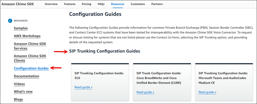 Les guides de configuration sur la page de ressources du SDK Amazon Chime.
