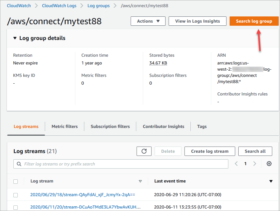 Le bouton du groupe de journaux de recherche sur la page/aws/connect/mytest88.