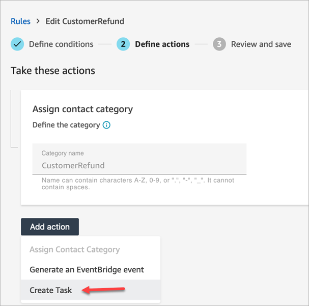 La page de nouvelle règle, le menu déroulant d'ajout d'action, l'option de création de tâche.