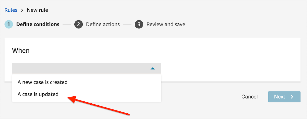 Page de nouvelle règle, menu déroulant Ajouter une action, option Un cas est ajouté