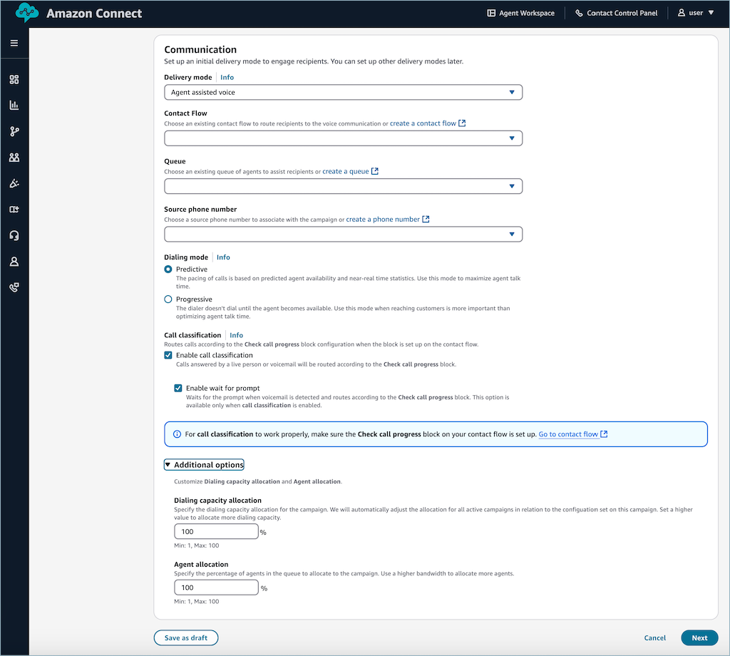 Interface de création de campagnes vocales assistée par un agent avec options et paramètres de configuration.