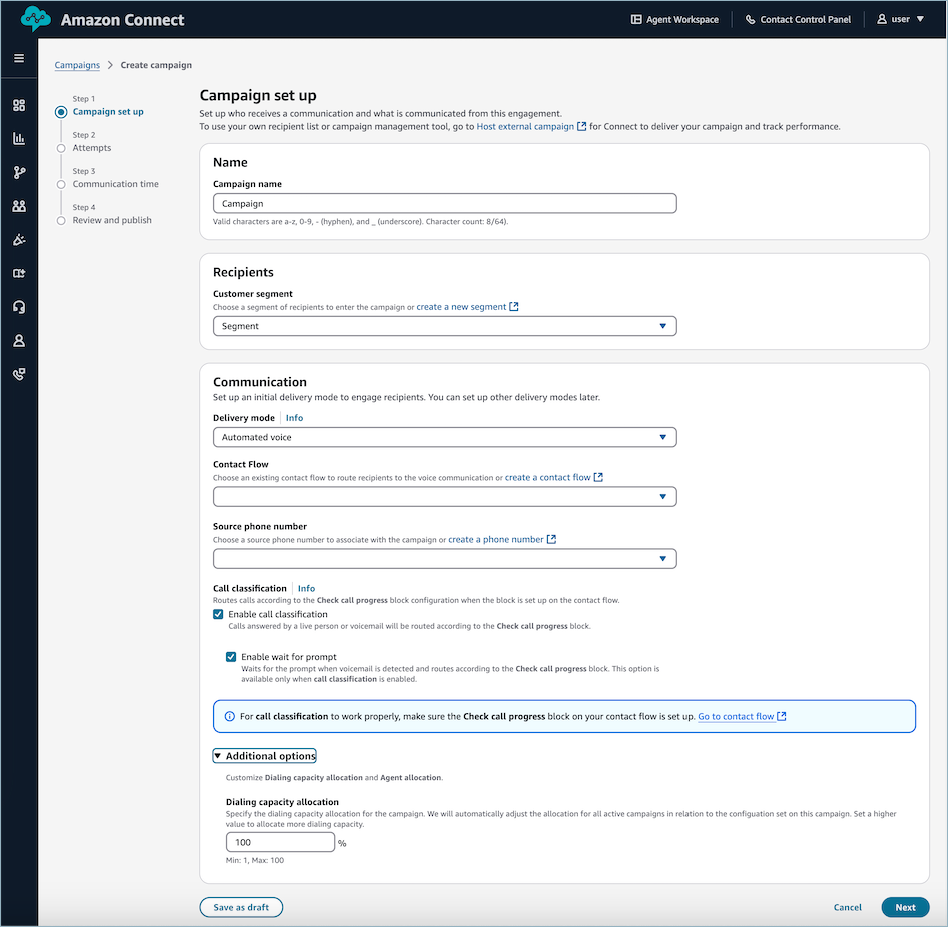 Interface de création automatique de campagnes vocales affichant les options de configuration pour les appels sortants.
