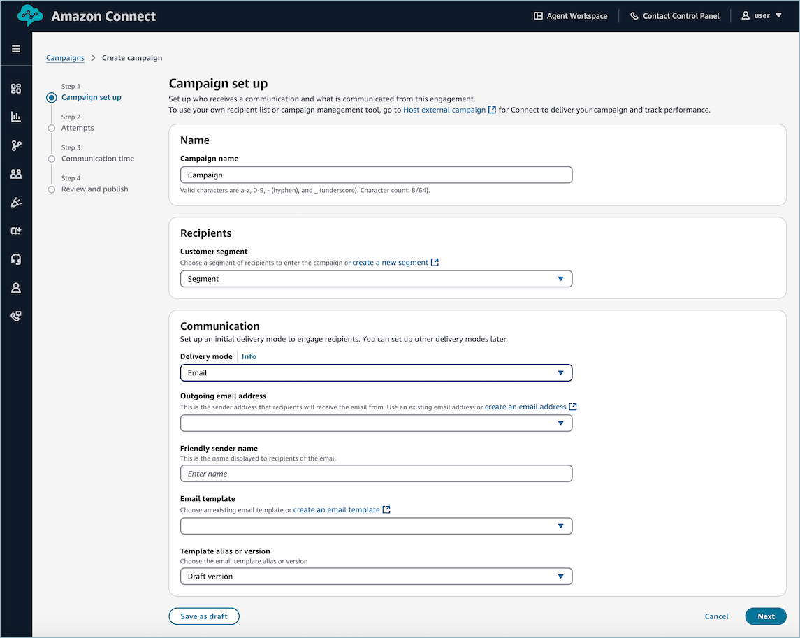 Interface de création de campagnes par e-mail avec options de configuration de l'expéditeur, du modèle et de la planification.