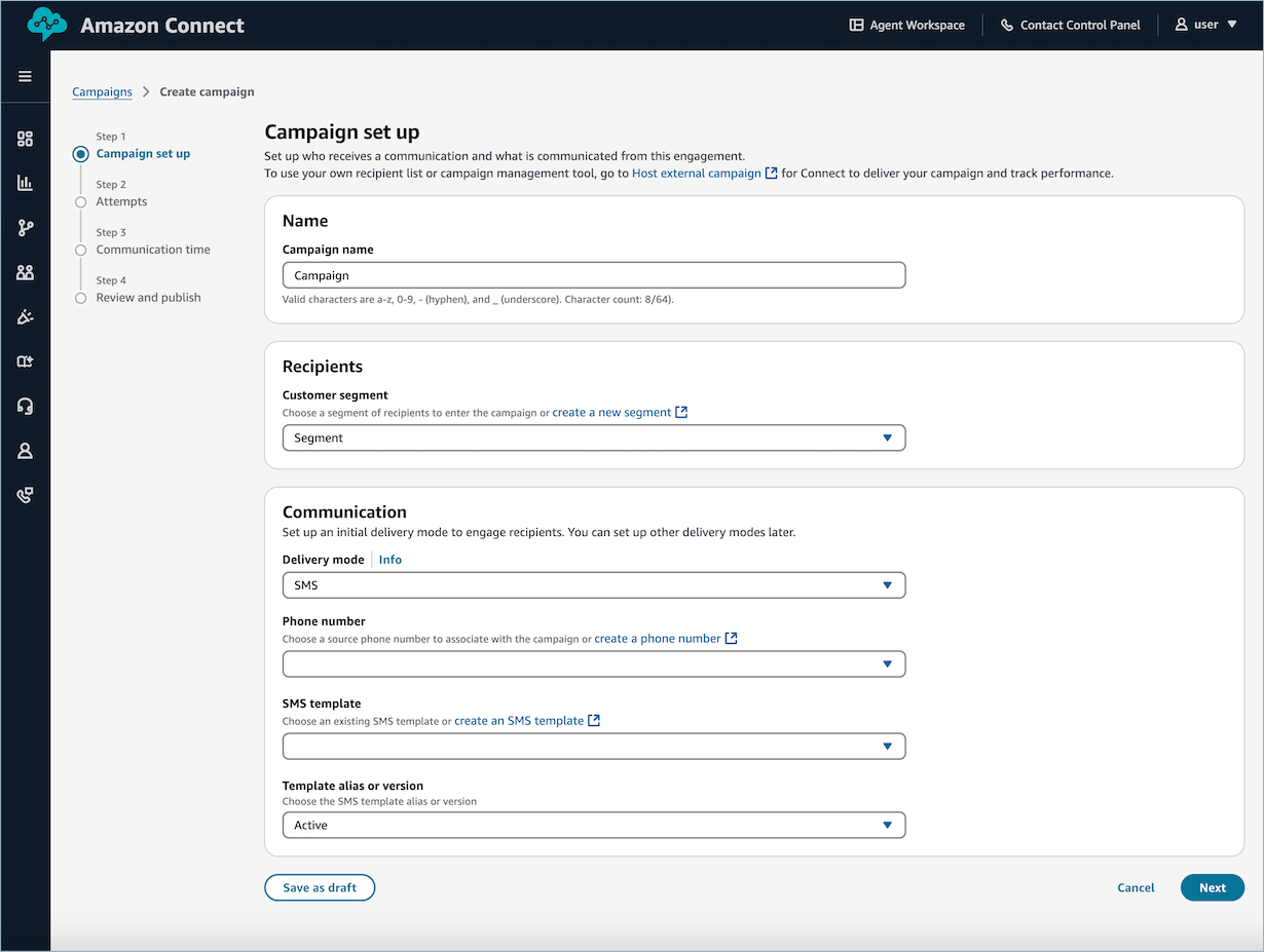 Panneau de configuration des SMS affichant la sélection de l'expéditeur, la liste déroulante des modèles de SMS et les options de sélection de l'alias ou de la version du modèle.