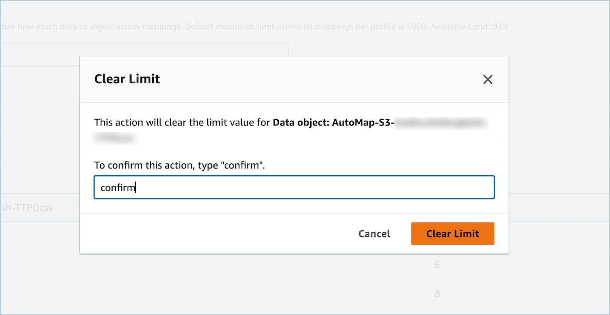 Une fenêtre contextuelle qui vous demande de confirmer que vous souhaitez effacer la valeur limite de l'objet de données. Vous confirmez l'action d'effacement en tapant « confirmer » en minuscules.