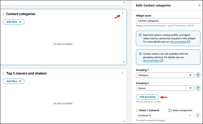Exemple de regroupement dans le volet d'édition du widget Catégories de contacts.
