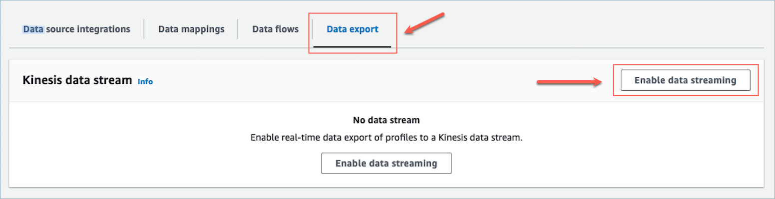 L'exportation de données en temps réel active le flux de données Kinesis.