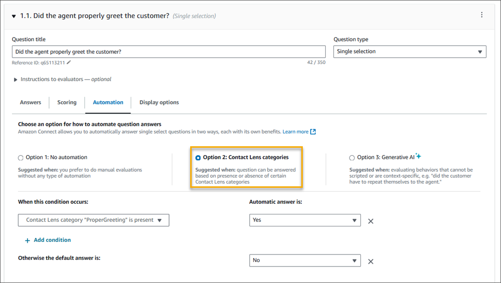 Une section de questions, l'onglet d'automatisation avec des Contact Lens catégories.