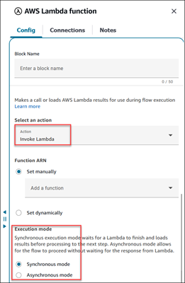 La case Sélectionnez une action est définie sur Invoke Lambda, les options du mode d'exécution.