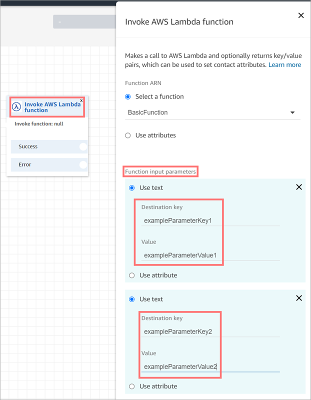 Les paramètres d'entrée de la fonction dans le bloc de fonctions Invoke AWS Lambda.