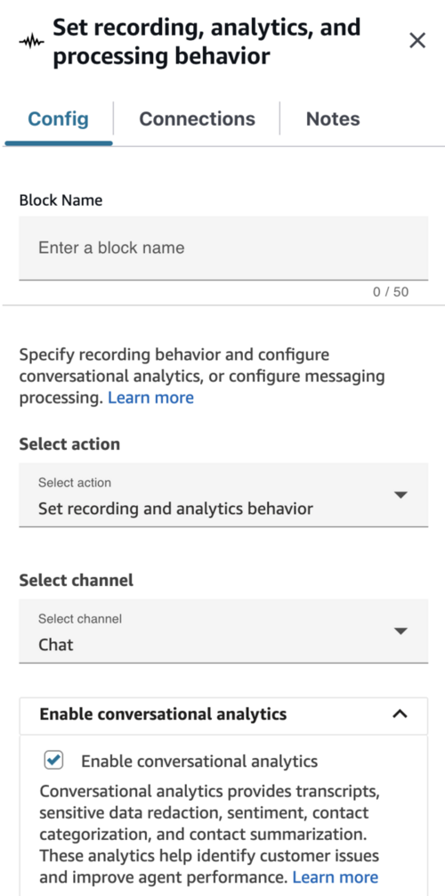 Le bloc de flux de comportement d'enregistrement, d'analyse et de traitement Set configuré avec l'analyse conversationnelle activée pour le chat.