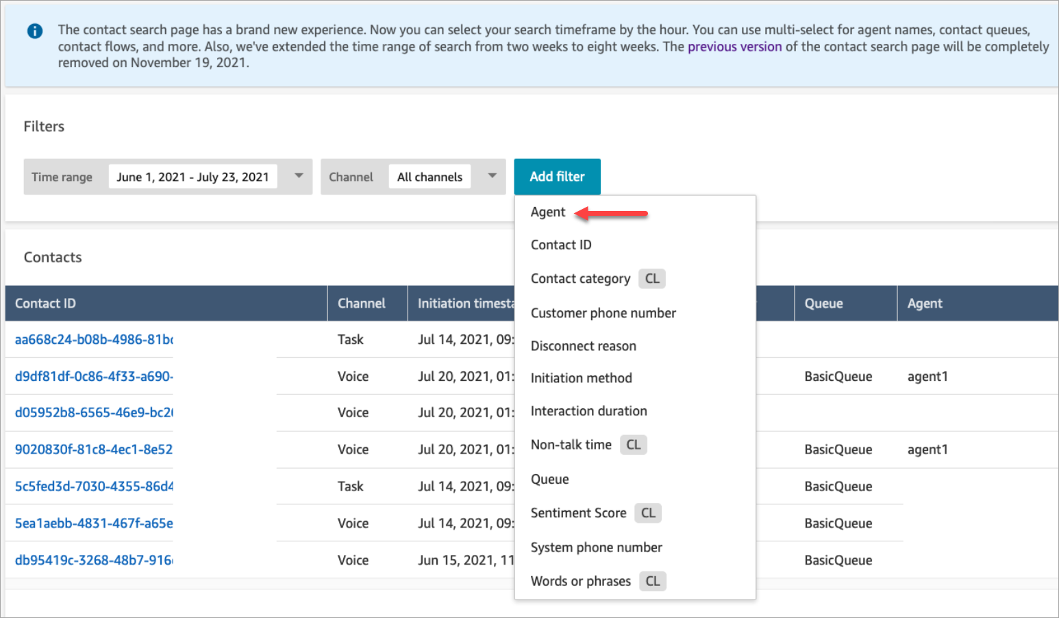 Le filtre Agent sur la page de recherche de contacts.