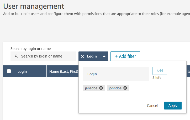 L'option Ajouter un filtre sur la page de gestion des utilisateurs.