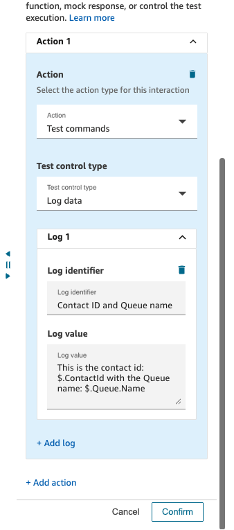 Configuration du bloc d'actions affichant les commandes de test avec les champs de type de contrôle des données log et de paire clé-valeur.