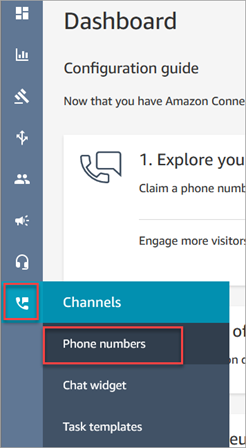 Menu de navigation d'Amazon Connect, icône Canaux, option Numéros de téléphone.