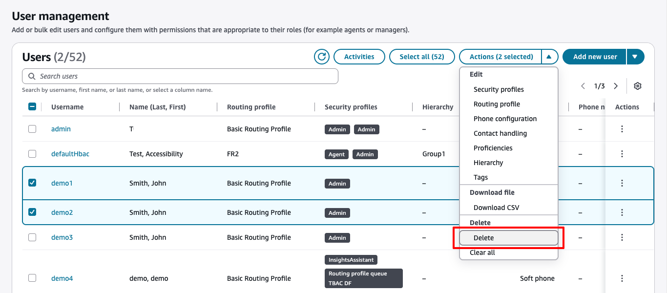 La page de gestion des utilisateurs avec les utilisateurs sélectionnés pour suppression.