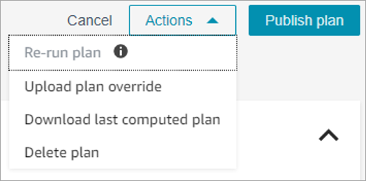 La page des plans de capacité affiche le menu déroulant Actions avec l'option de réexécution du plan désactivée car aucune modification n'a été apportée aux entrées ou au scénario du plan.