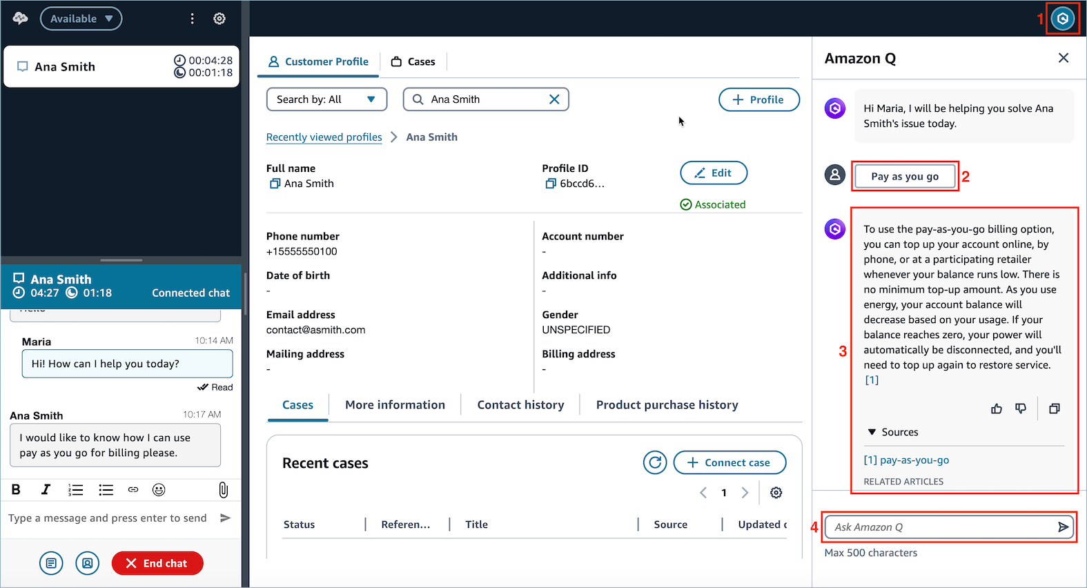 Interface Amazon Q in Connect affichant un article recommandé dans l'espace de travail de l'agent avec du contenu surligné et des boutons d'action.