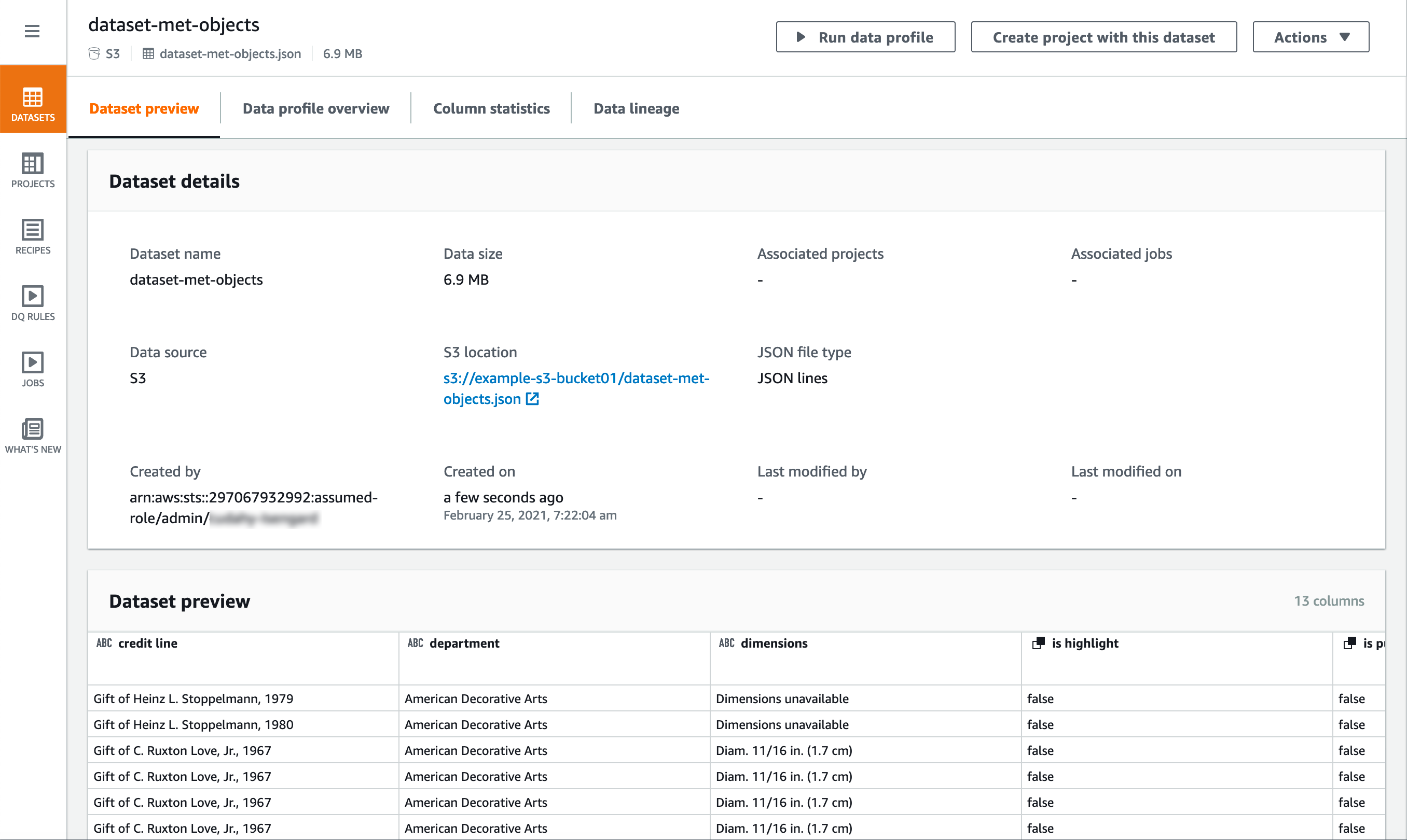 Détails du jeu de données et aperçu montrant les métadonnées et les exemples de lignes d'un fichier JSON stocké dans S3.