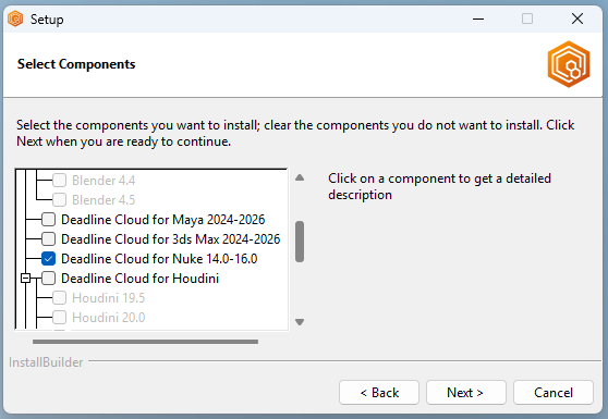 Programme d'installation de Deadline Cloud Submitter avec le composant Nuke sélectionné.