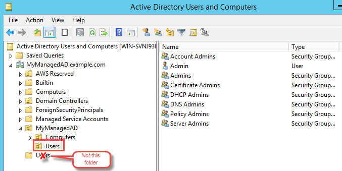 Dans le volet Active Directory Dans la boîte de dialogue Utilisateurs et ordinateurs, le dossier Utilisateurs est surligné.