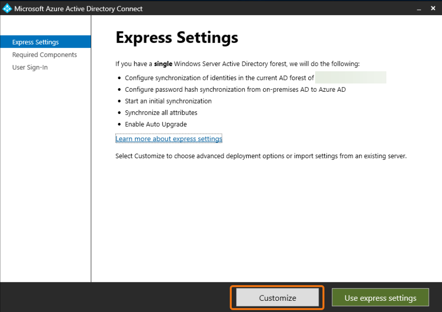 Microsoft Azure Active Directory Connect fenêtre avec bouton de personnalisation surligné.
