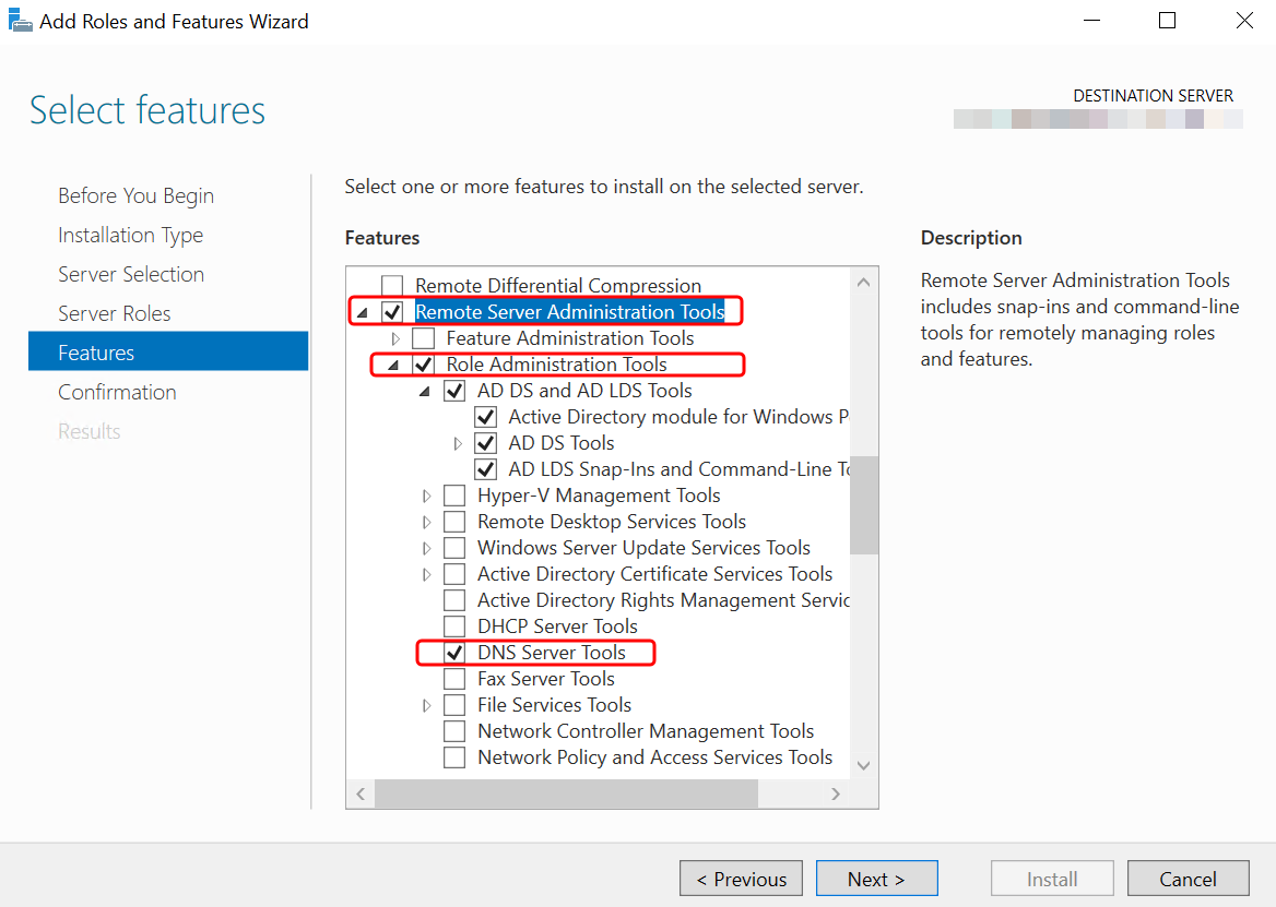 Lors de l'installation de Microsoft AD Tools, l'arborescence des fonctionnalités de l'assistant d'ajout de rôles et de fonctionnalités avec les outils sélectionnés.